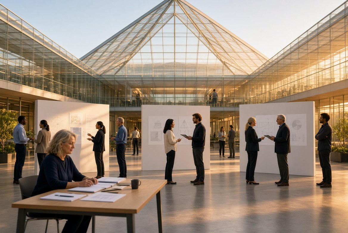 Teams deliberating at white boards in a glass atrium