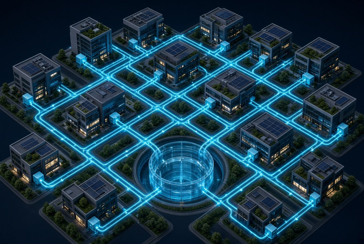 Artistic 5GDHC meshed district network with ambient loop