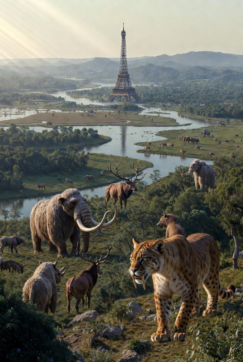 Quaternary reconstruction — woolly mammoth, woolly rhinoceros, sabre-toothed cat, giant deer, anachronistic Eiffel Tower